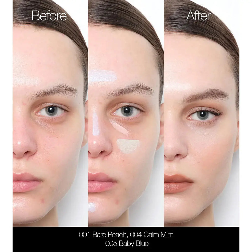 Before and after results using Tokyo Color Corrector in Bare Peach, Calm Mint, and Baby Blue. Corrects imperfections for a flawless finish.