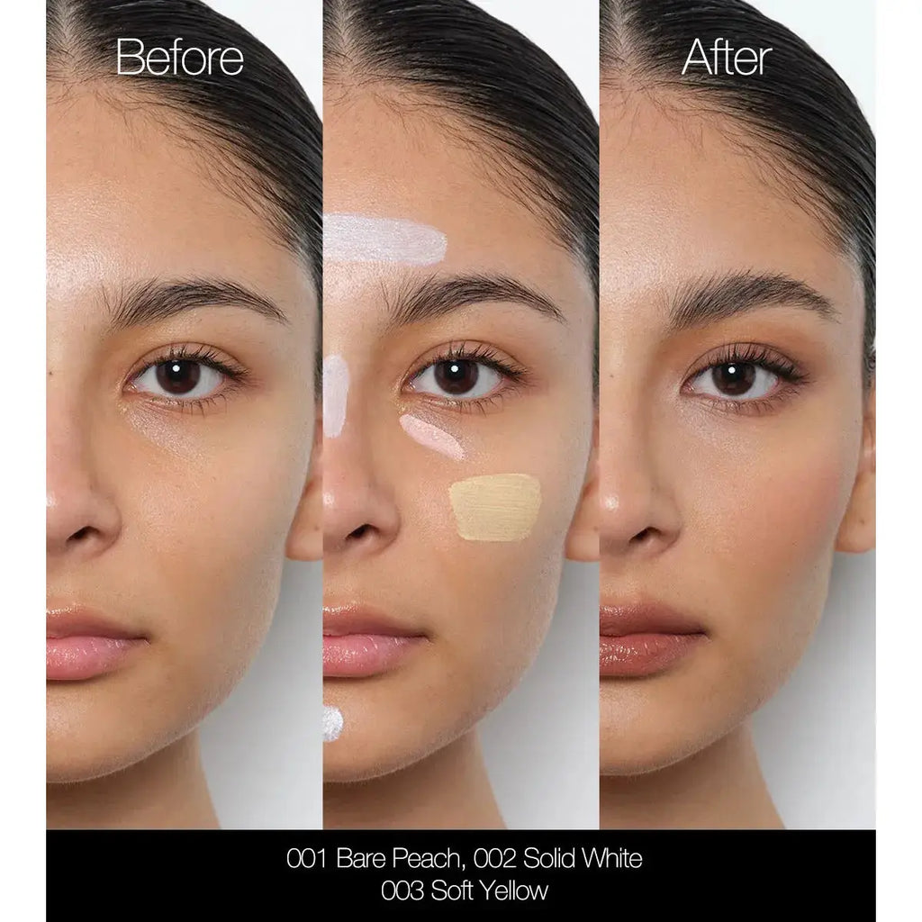 Before and after application of Tokyo Color Corrector in Bare Peach, Solid White, and Soft Yellow. Achieves a smooth, even complexion.