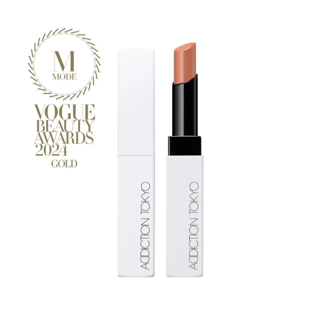 Addiction Tokyo The Lip Balm Soft Matte in nude shade with sleek white packaging, awarded Vogue Beauty Awards 2024 Gold.