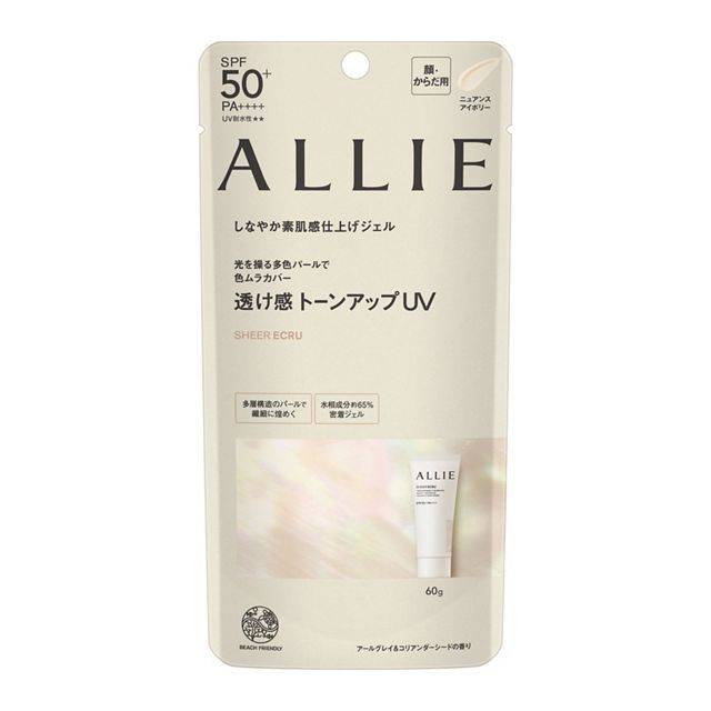 Allie Chrono Beauty Tone Up UV 60g Sheer Ecru variant in SPF 50+ PA++++ packaging, providing a natural tone-up effect with a luminous finish.