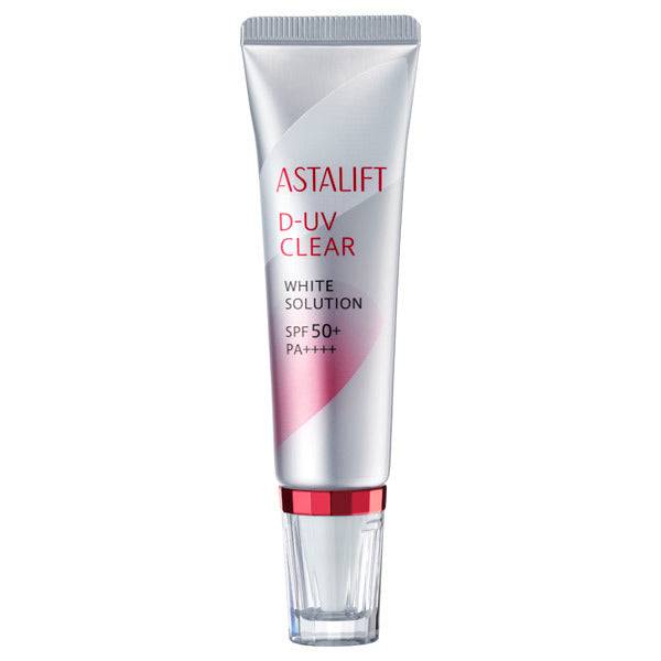 Astalift D-UV Clear White Solution sunscreen tube with SPF 50+ PA++++, featuring a sleek silver and red design with a transparent cap.