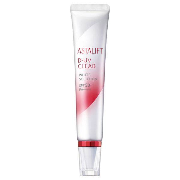 Astalift D-UV Clear White Solution sunscreen tube in a vertical position, highlighting its SPF 50+ PA++++ protection and elegant packaging.