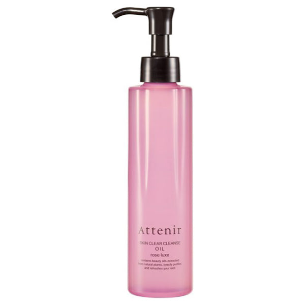 Attenir Skin Clear Cleanse Oil Rose 175ml in a rosy bottle with a black pump, offering effective makeup removal and a feminine scent.
