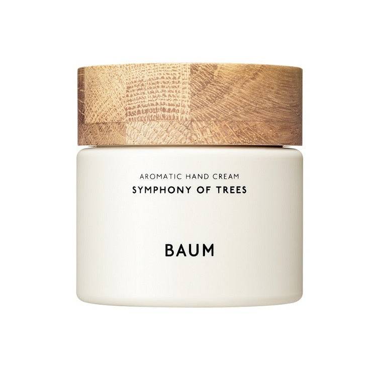 Baum Aromatic Hand Cream Symphony of Trees 150ml with wooden cap and minimalist jar, offering hydration and natural scents.