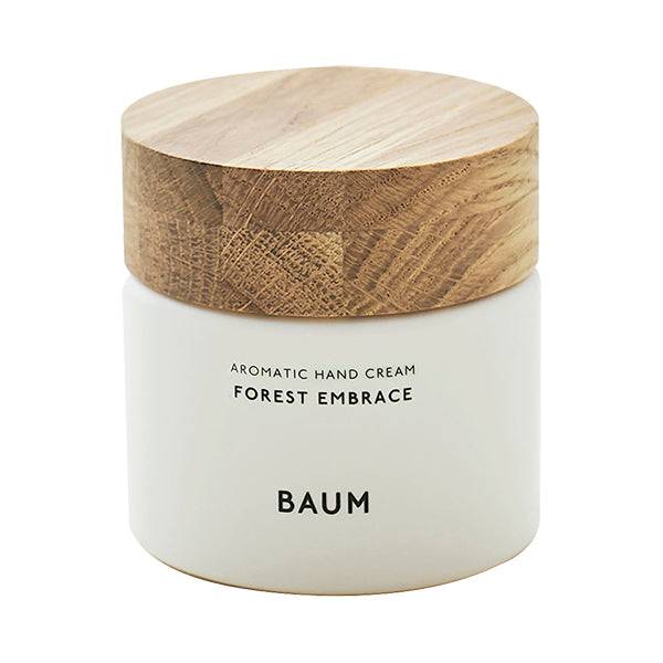 Baum Aromatic Hand Cream Forest Embrace 150ml jar with wooden cap, featuring natural ingredients and eco-friendly design.