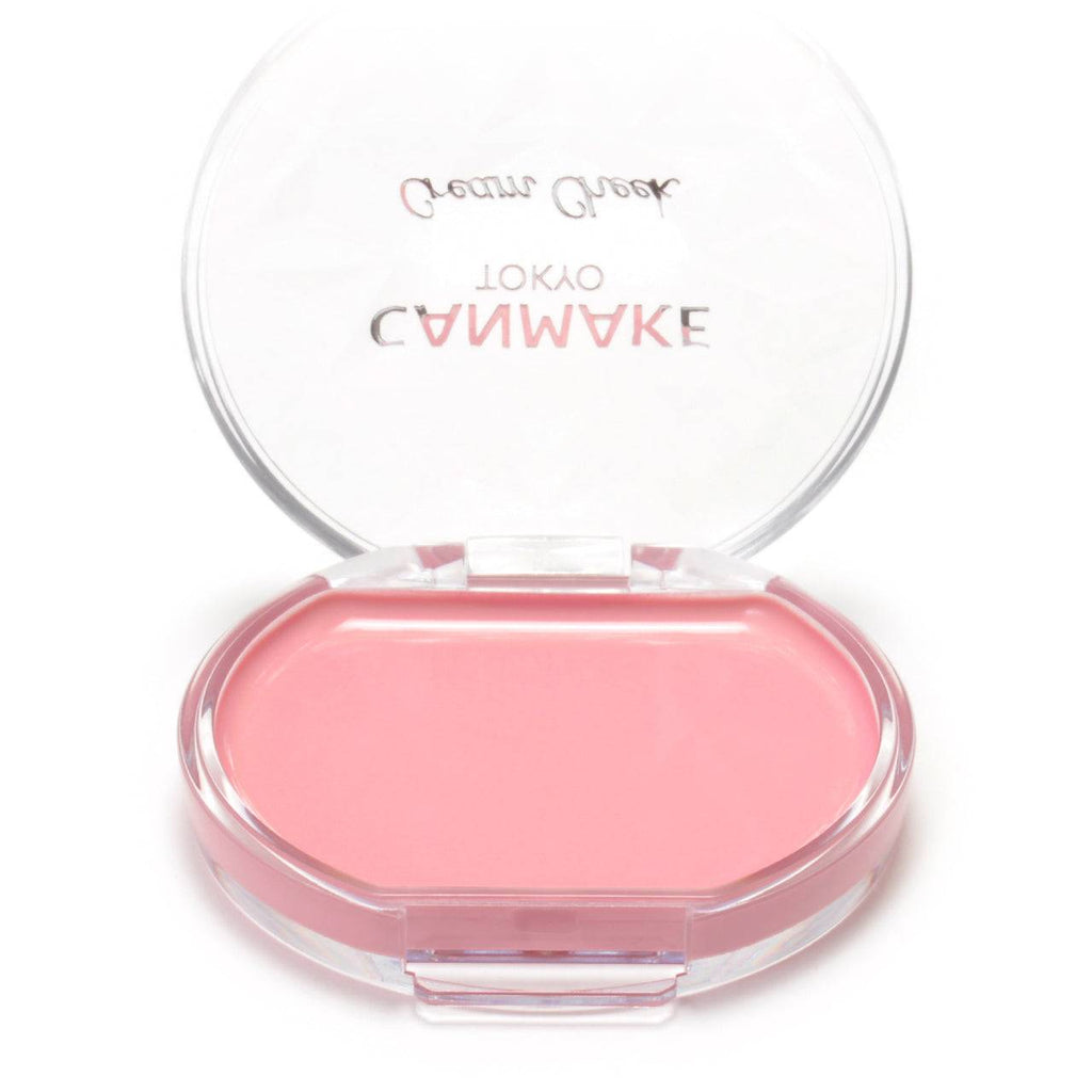 Open Canmake Cream Check 2.2g compact in pink shade, showcasing its creamy texture for a natural and fresh cheek color.