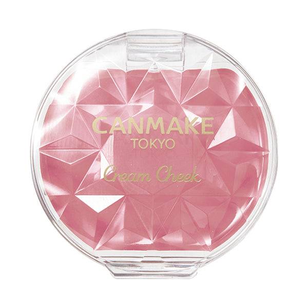 Canmake Cream Check 2.2g in pink shade with a gem-like compact design, offering a soft and rosy finish for cheeks.