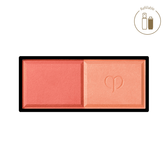 Clé de Peau Beauté Blush Duo Powder in a coral and orange blend, perfect for a sun-kissed look, refillable compact design.