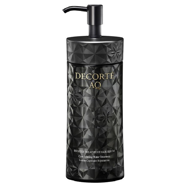 Cosme Decorté AQ Boosting Treatment Hair Serum 200ml in a sleek black bottle with a pump dispenser, designed for enhancing hair care and nourishment.