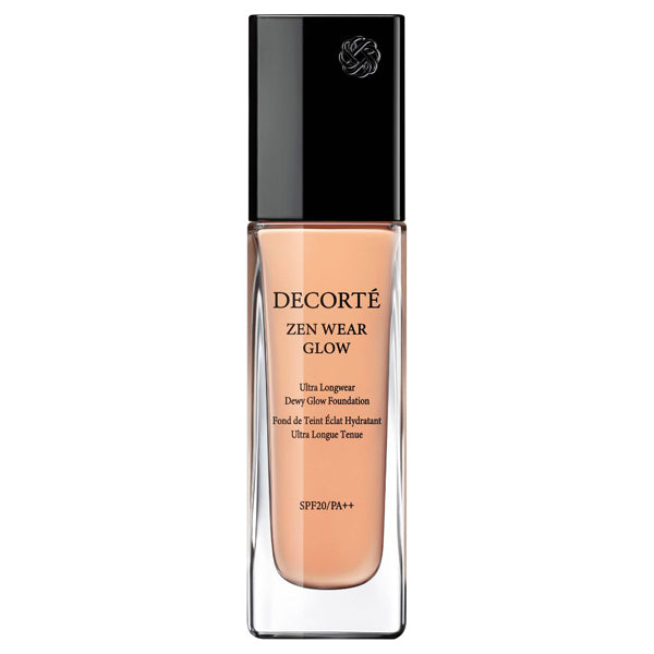 Cosme Decorté Zen Wear Glow 30ml foundation in a sleek glass bottle with black cap, offering long-lasting dewy glow finish.