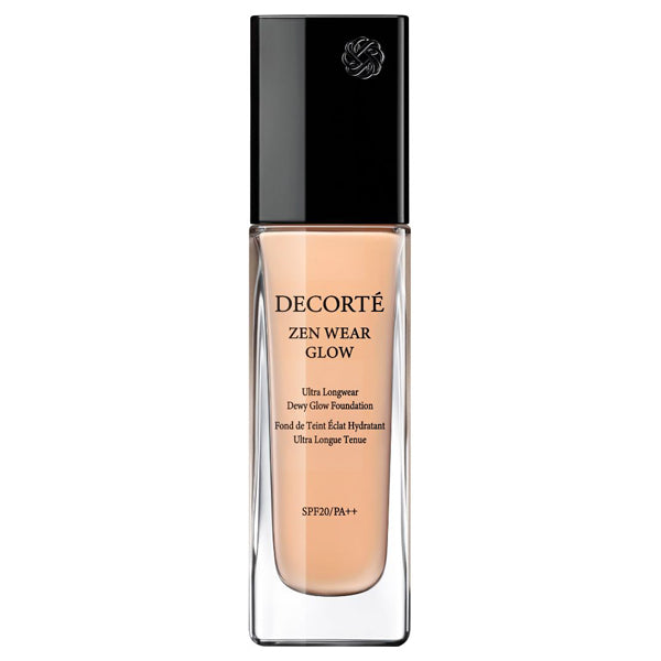 Cosme Decorté Zen Wear Glow 30ml foundation in a sleek glass bottle with black cap, offering long-lasting dewy glow finish.