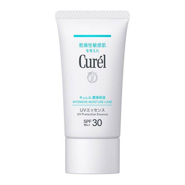 Curél UV Protection Essence 50g in a white tube with SPF 30 PA++. Lightweight, hydrating sunscreen for sensitive skin, preventing dryness and irritation.