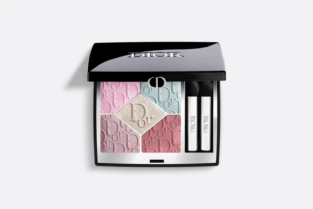 Dior Show 2025 Palette in cool pastel shades. Limited edition eye shadow with embossed Dior logo, featuring pink, mint, and soft neutrals.