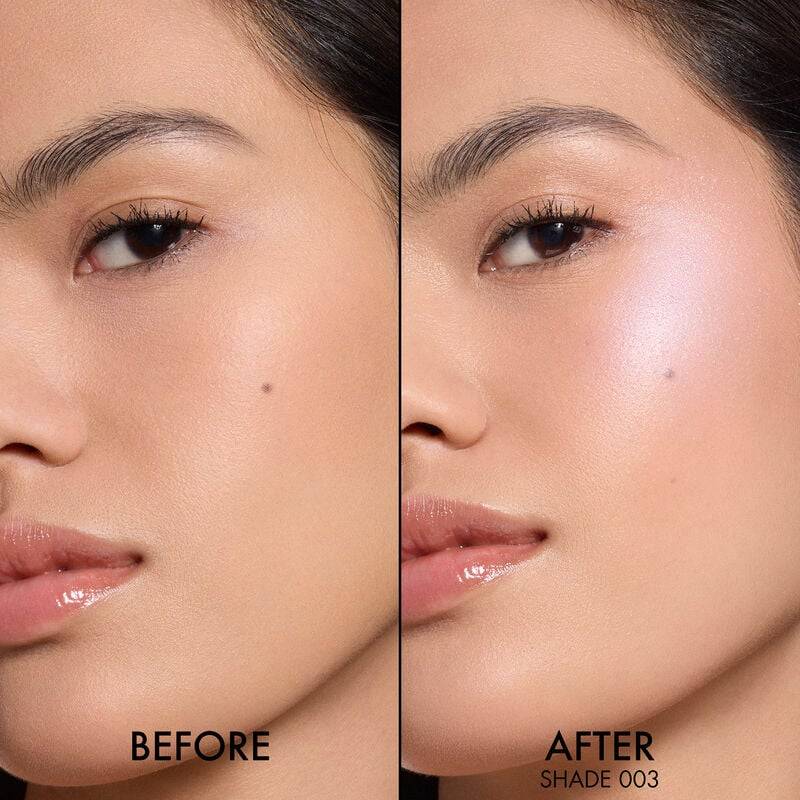 Before and after comparison of Dior Skin Forever Couture Luminizer 2025 Edition in shade 003, highlighting a bright, glowing transformation.