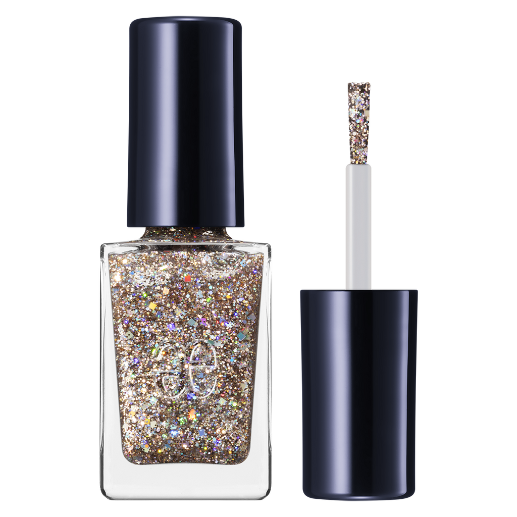 Elégance Lacquer in glittery gold with multicolor sparkles, quick-drying formula for bold nail art. Perfect for festive occasions.