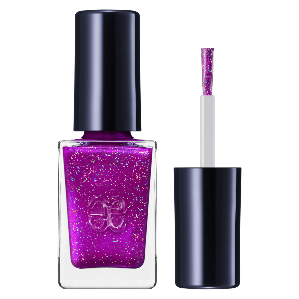 Elégance Lacquer in glittery purple with multicolor sparkles, quick-drying and perfect for bold, statement nail art.