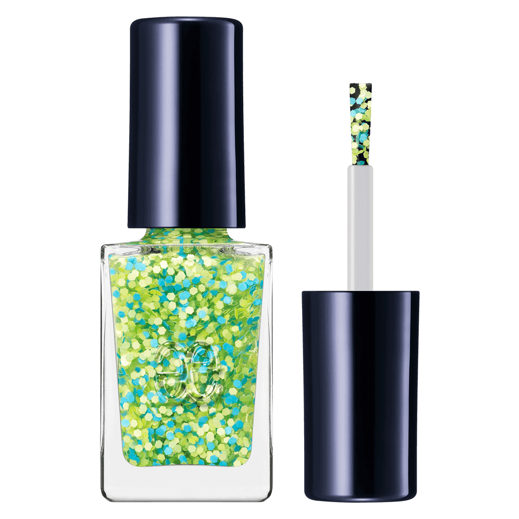 Elégance Lacquer in glittery lime green with multicolor confetti, quick-drying and ideal for fun, creative nail designs.