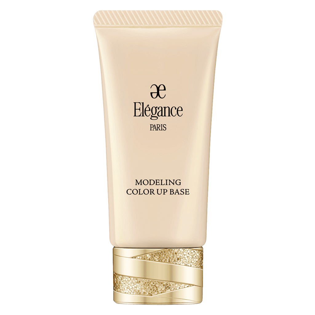 Elégance Modeling Color Up Base 30g Primer in beige tone with gold-accented cap for natural and bright skin tone correction.