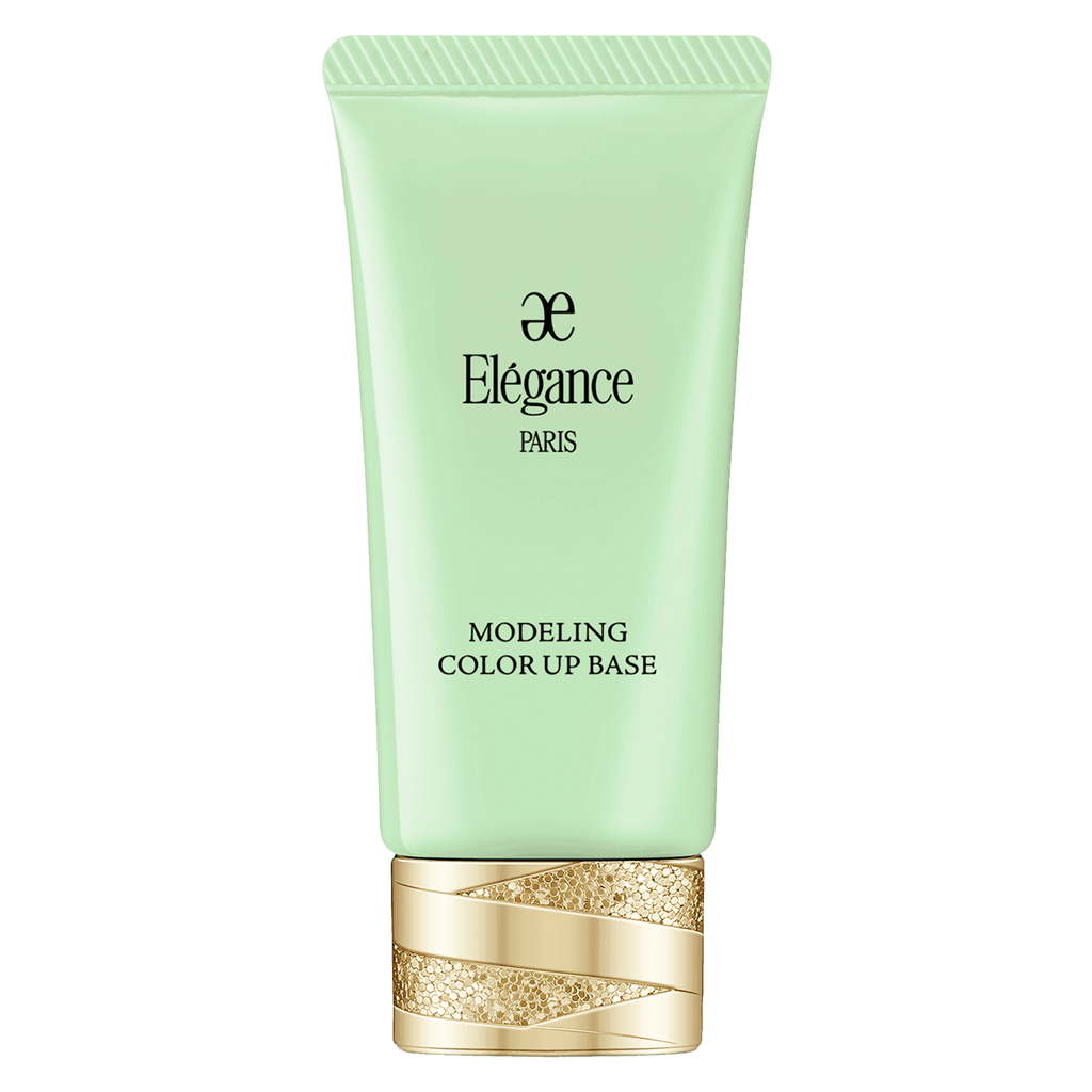 Elégance Modeling Color Up Base 30g Primer in green tone with gold-accented cap for cool and even skin tone correction.