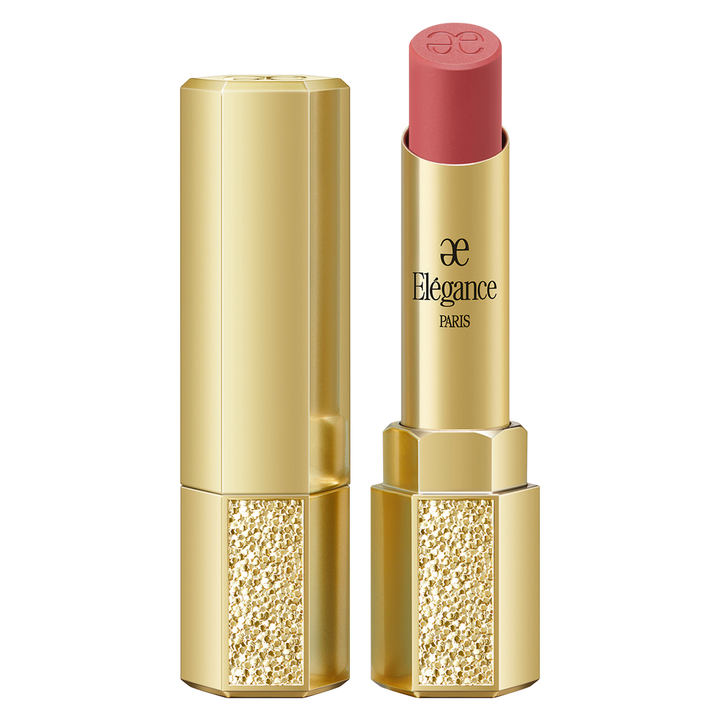 Elégance Rouge Superbe Semi-Matte Lipstick in an elegant gold case, featuring a soft pink shade for a natural, moisturizing, and semi-matte look.