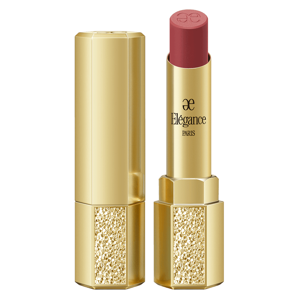 Elégance Rouge Superbe Semi-Matte Lipstick in a gold case with a textured base, showcasing a deep rose shade for a refined, semi-matte finish.