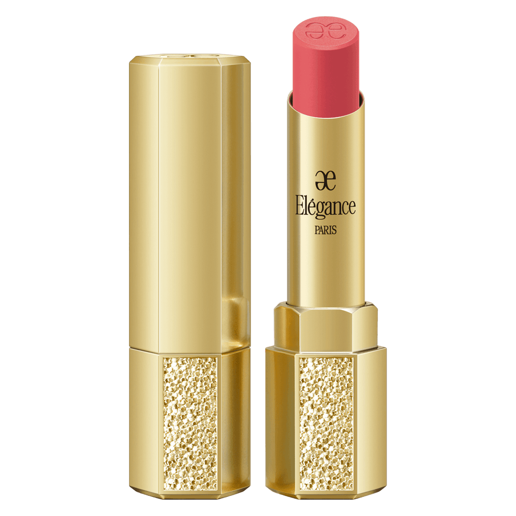 Elégance Rouge Superbe Semi-Matte Lipstick in a gold case, featuring a coral pink shade for a fresh, moisturizing, and semi-matte lip look.