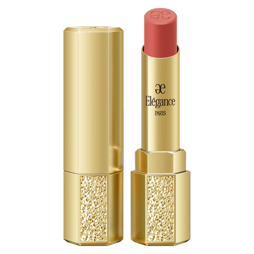 Elégance Rouge Superbe Semi-Matte Lipstick in a gold case, presenting a warm nude shade for a natural, hydrating, and semi-matte lip effect.