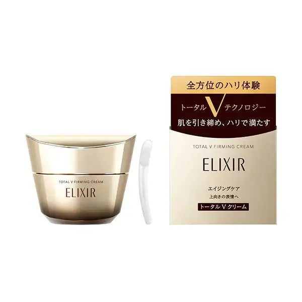Elixir Firming Cream 50g set including gold jar, spatula, and packaging, ideal for anti-aging and skin tightening.