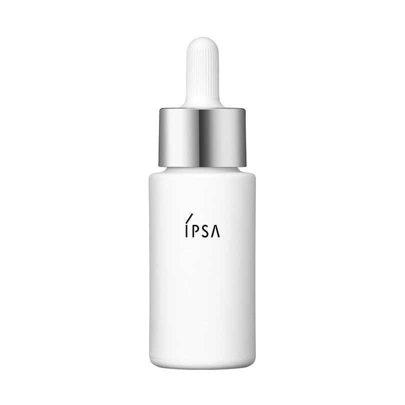 Compact Ipsa Brightening Serum bottle featuring a minimalist white design with a silver cap, ideal for achieving clear and luminous skin.