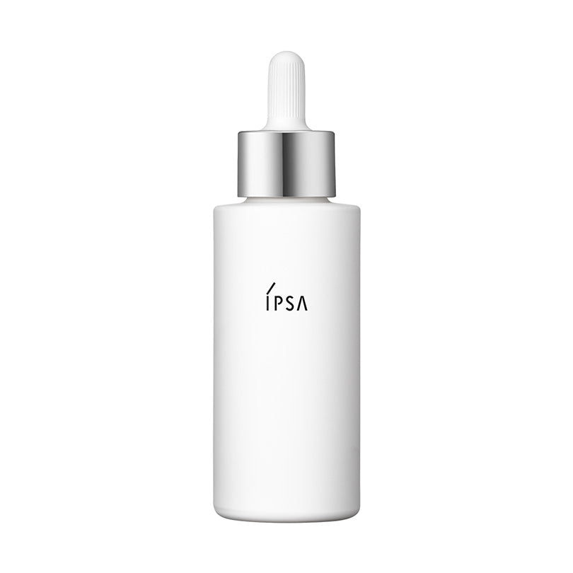 Ipsa Brightening Serum in a sleek white bottle with a silver cap, designed for reducing melanin and providing UV protection for radiant skin.