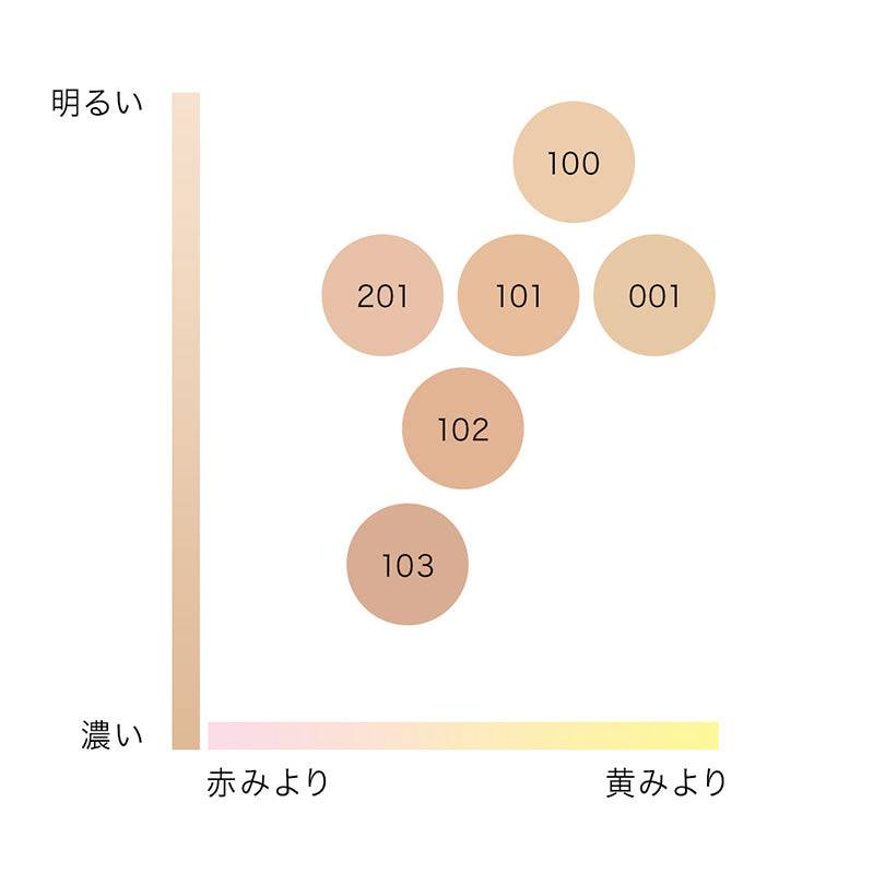 Shade chart for Ipsa Liquid Foundation e 25ml, displaying various tones from light to dark with red and yellow undertones.
