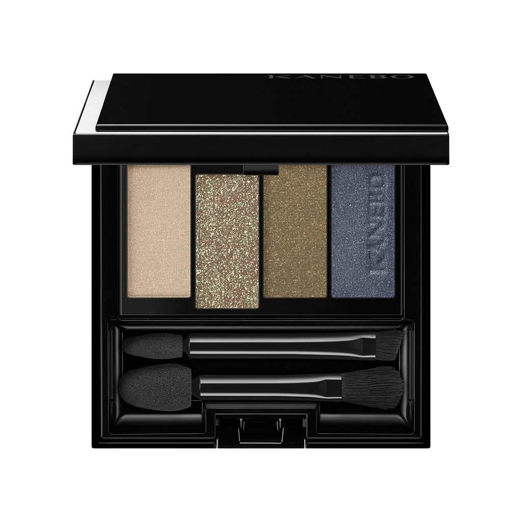 Kanebo Colored Shadow Cezanne Tokyo Beauty Box showcasing a palette with gold, olive, and navy tones, ideal for bold eye makeup looks.