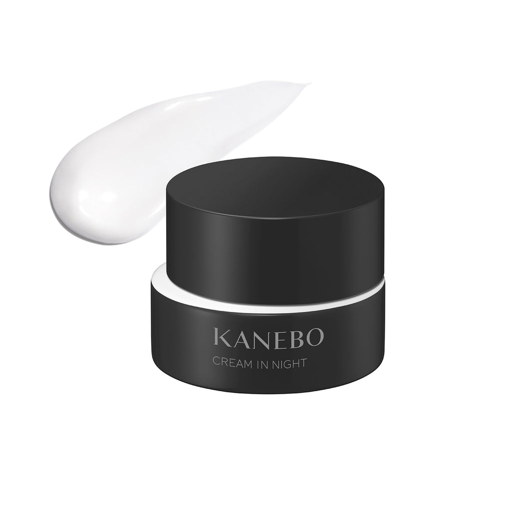 Kanebo Cream in Night 40g with black jar and cream texture swatch, ideal for nighttime skincare routines.