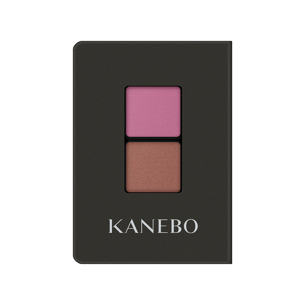 Kanebo Eye Color Duo with pink and brown matte shades in a sleek black compact, ideal for soft and natural eye makeup.