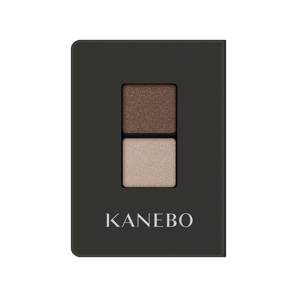 Kanebo Eye Color Duo featuring chocolate brown and champagne shimmer shades in a black compact, perfect for classic eye makeup.