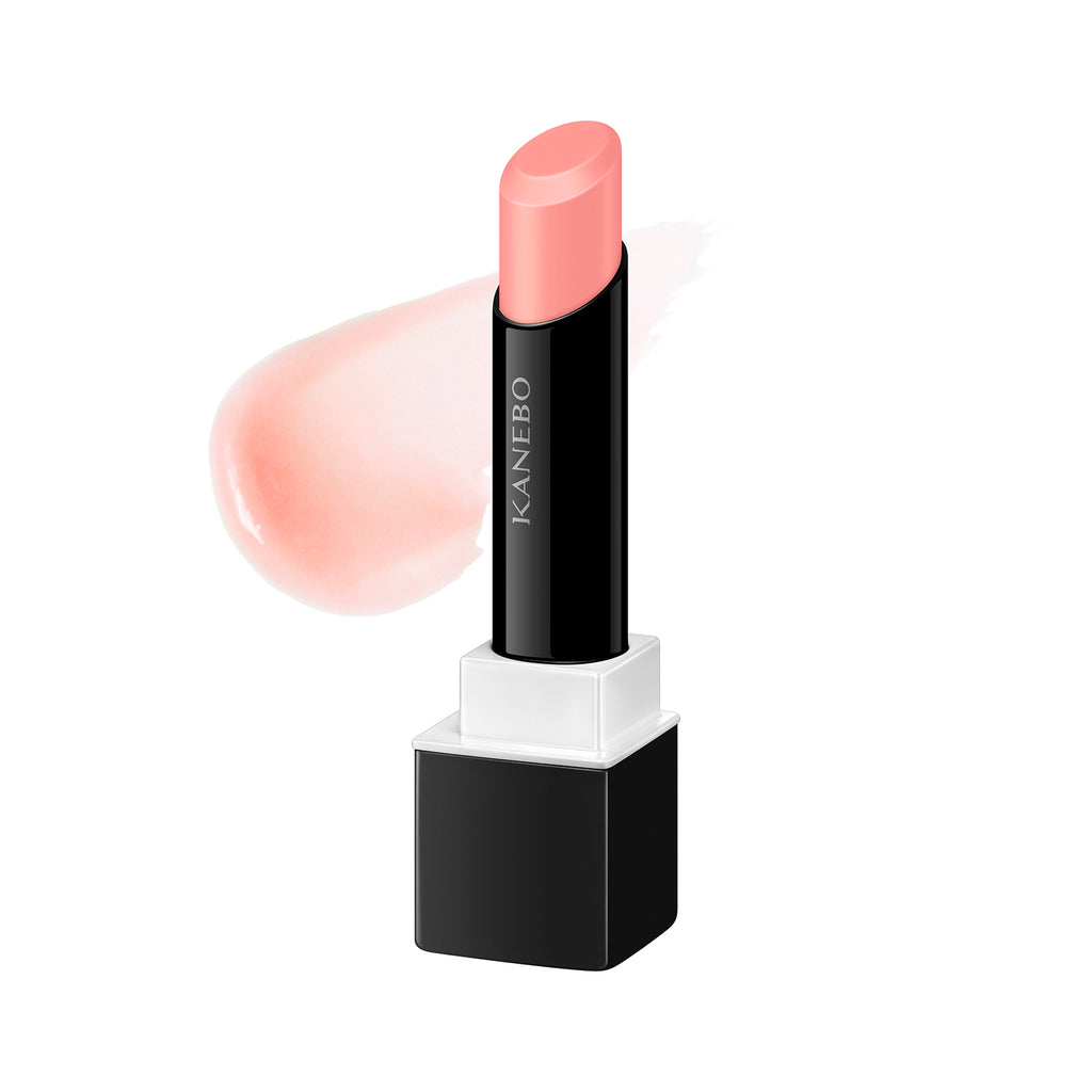 Kanebo Rouge Scrub Melting lipstick in a soft pink shade with a glossy texture, displayed with a color swatch. Ideal for lip hydration and beauty.