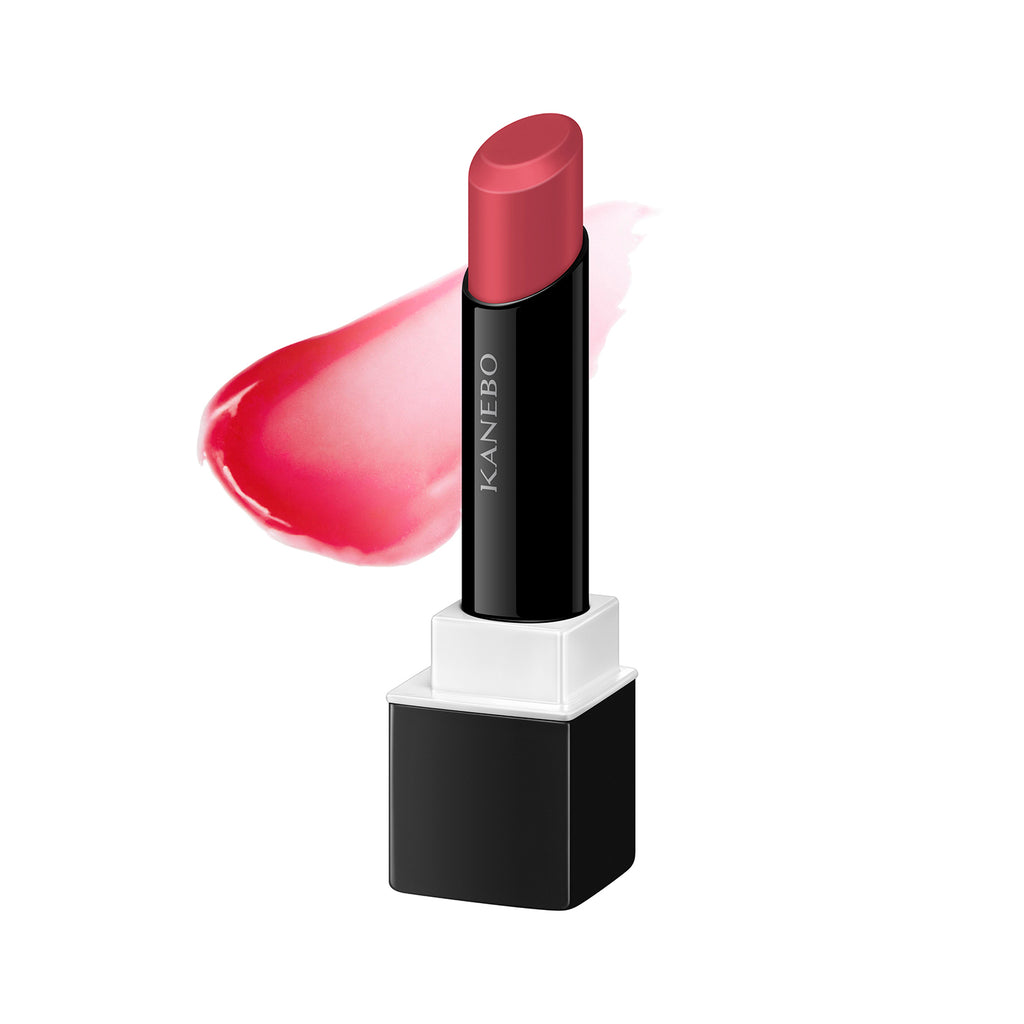 Kanebo Rouge Scrub Melting lipstick in a vibrant red shade with a glossy texture, displayed with a color swatch. Perfect for bold lip makeup.