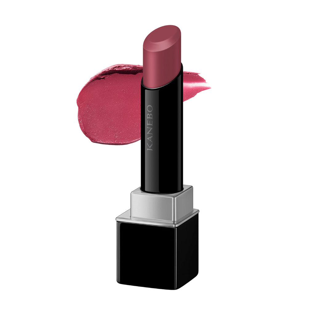 Kanebo Rouge Star Breath lipstick in a berry-toned shade with a creamy finish, complemented by a matching swatch. Perfect for a sophisticated look.