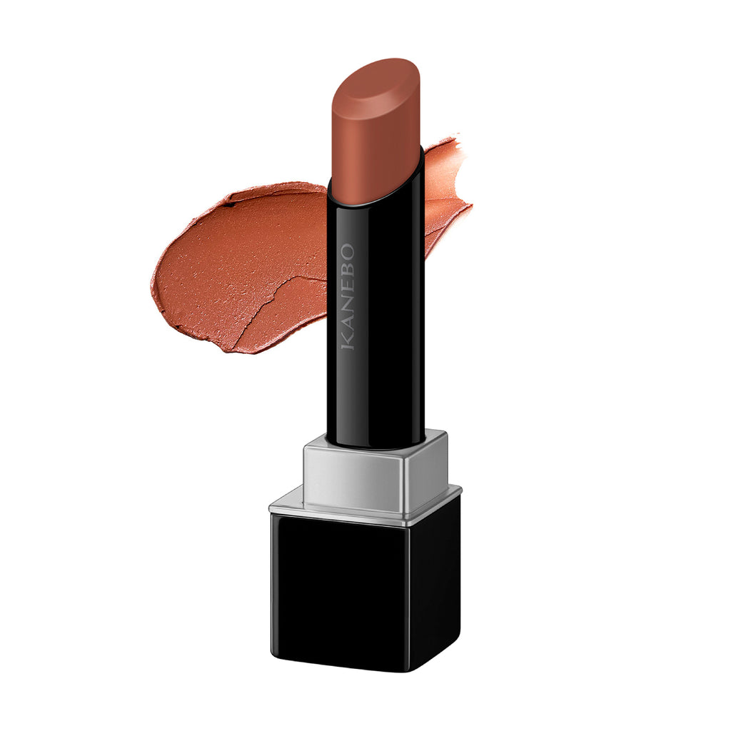 Kanebo Rouge Star Breath lipstick in a rich terracotta shade with a creamy finish, displayed alongside a matching swatch. Perfect for bold, warm tones.