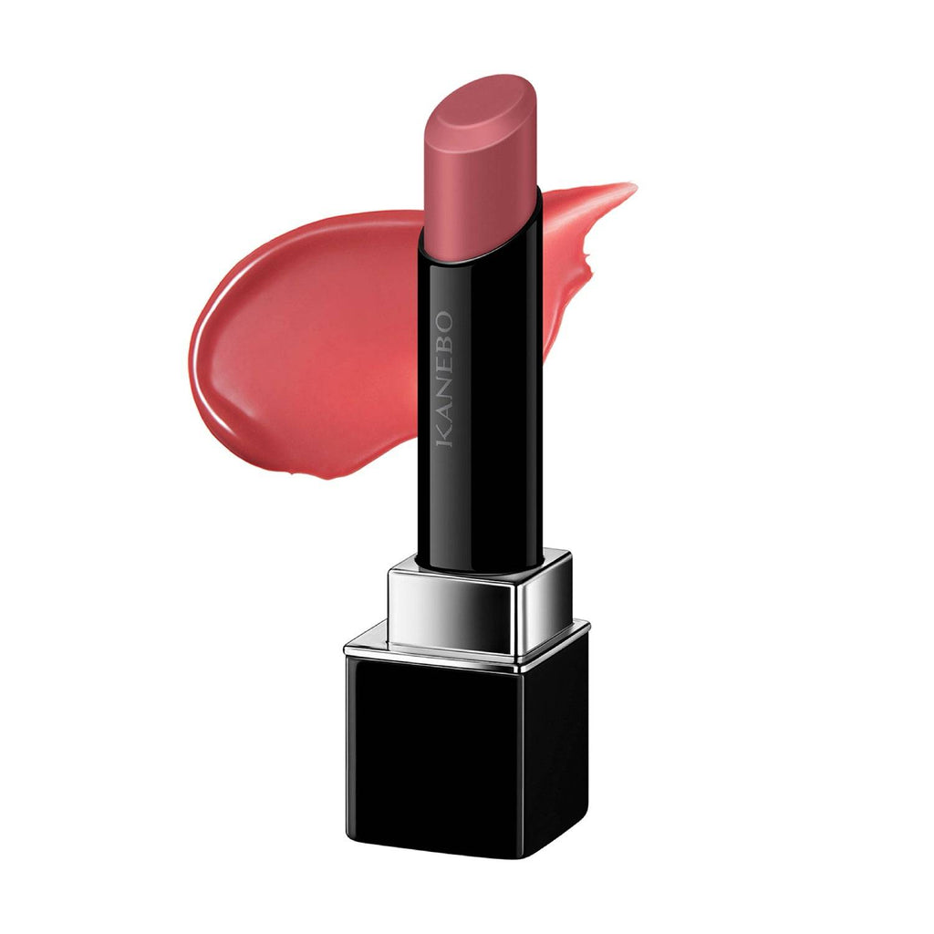 Kanebo Rouge Star Vibrant lipstick in a rose shade with a creamy texture and glossy finish, paired with a color swatch.
