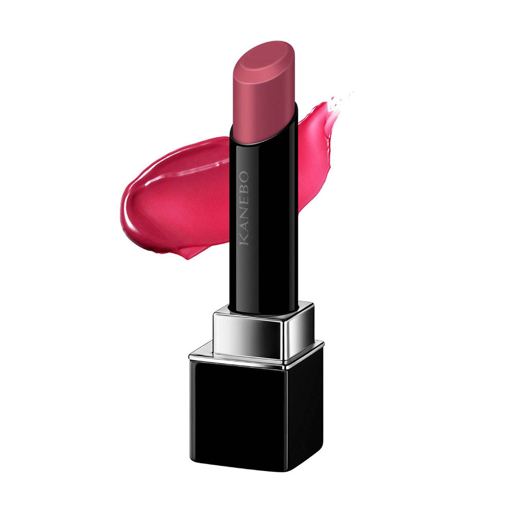 Kanebo Rouge Star Vibrant lipstick in a vibrant berry shade, with a creamy texture and glossy finish, displayed with a color swatch.