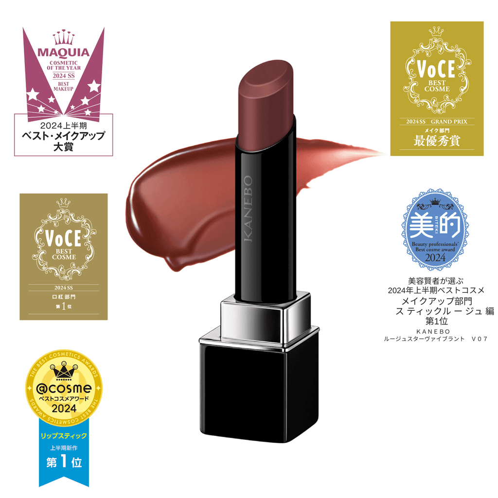 Kanebo Rouge Star Vibrant lipstick in a nude brown shade with a creamy texture and glossy finish, displayed with award badges.