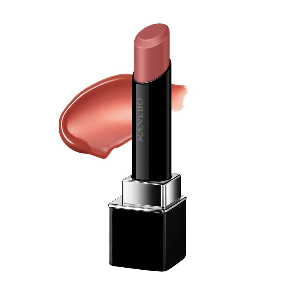 Kanebo Rouge Star Vibrant lipstick in a peachy nude shade with a creamy texture and glossy finish, paired with a color swatch.