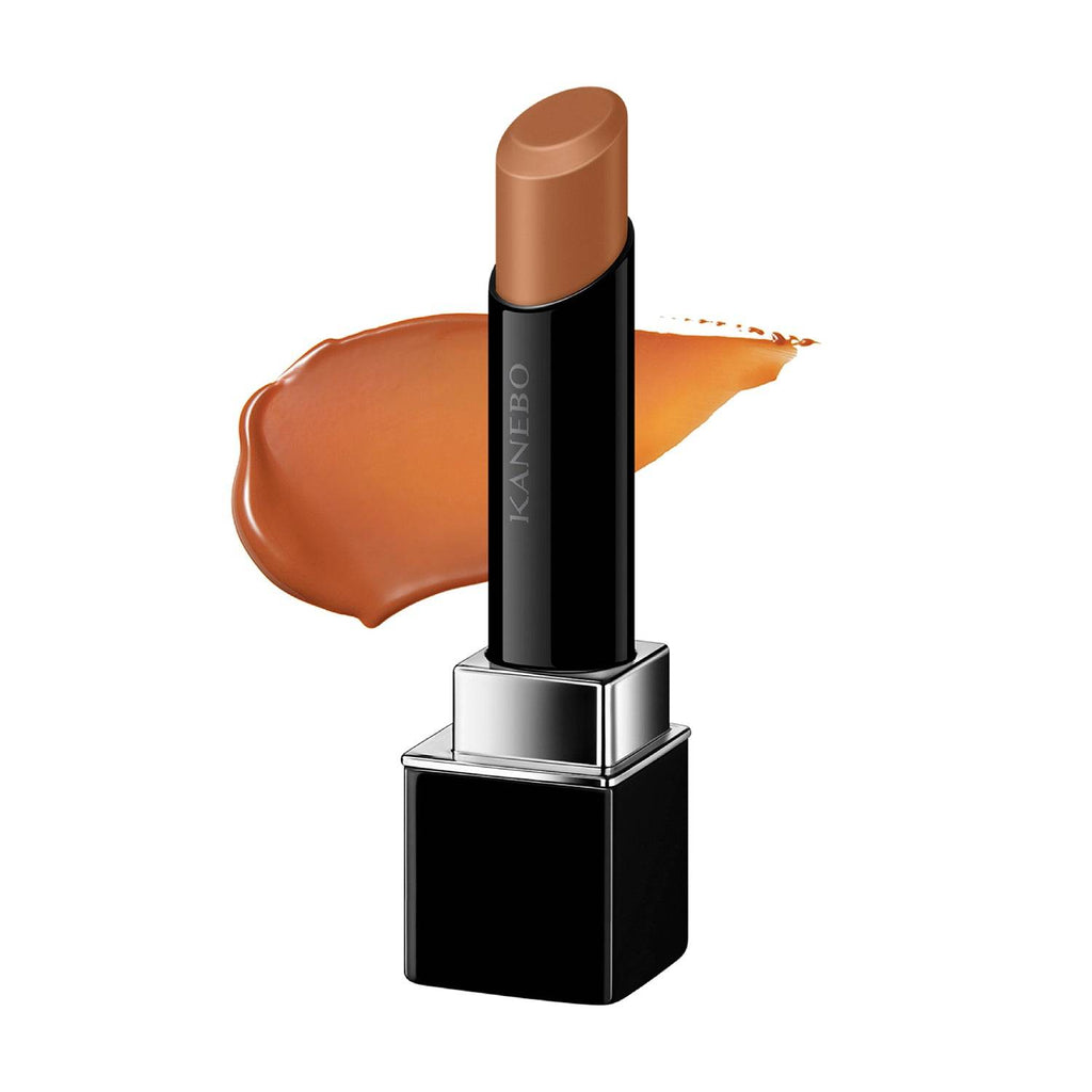 Kanebo Rouge Star Vibrant lipstick in a caramel shade with a creamy texture and glossy finish, paired with a color swatch.