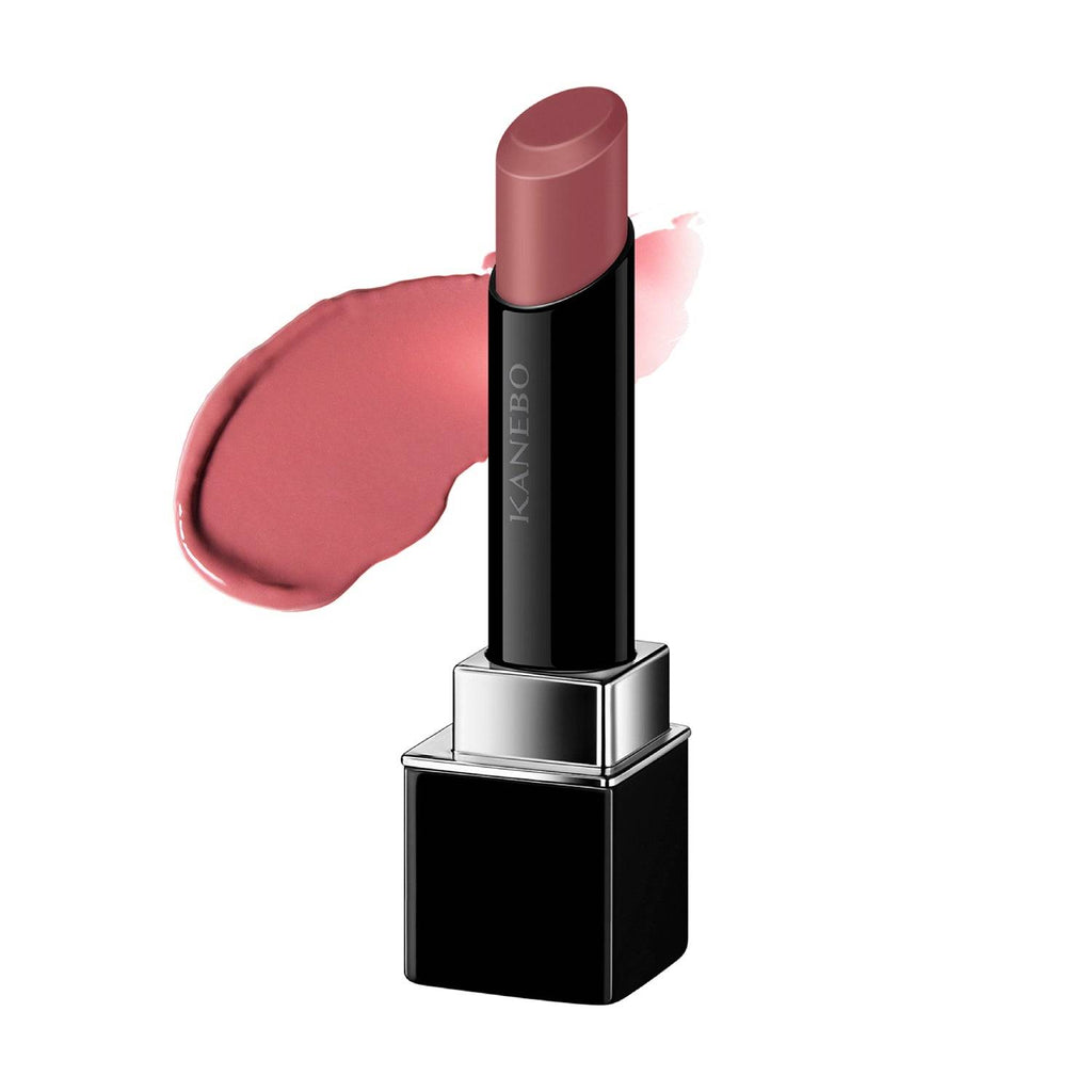 Kanebo Rouge Star Vibrant lipstick in a mauve shade with a creamy texture and glossy finish, paired with a color swatch.