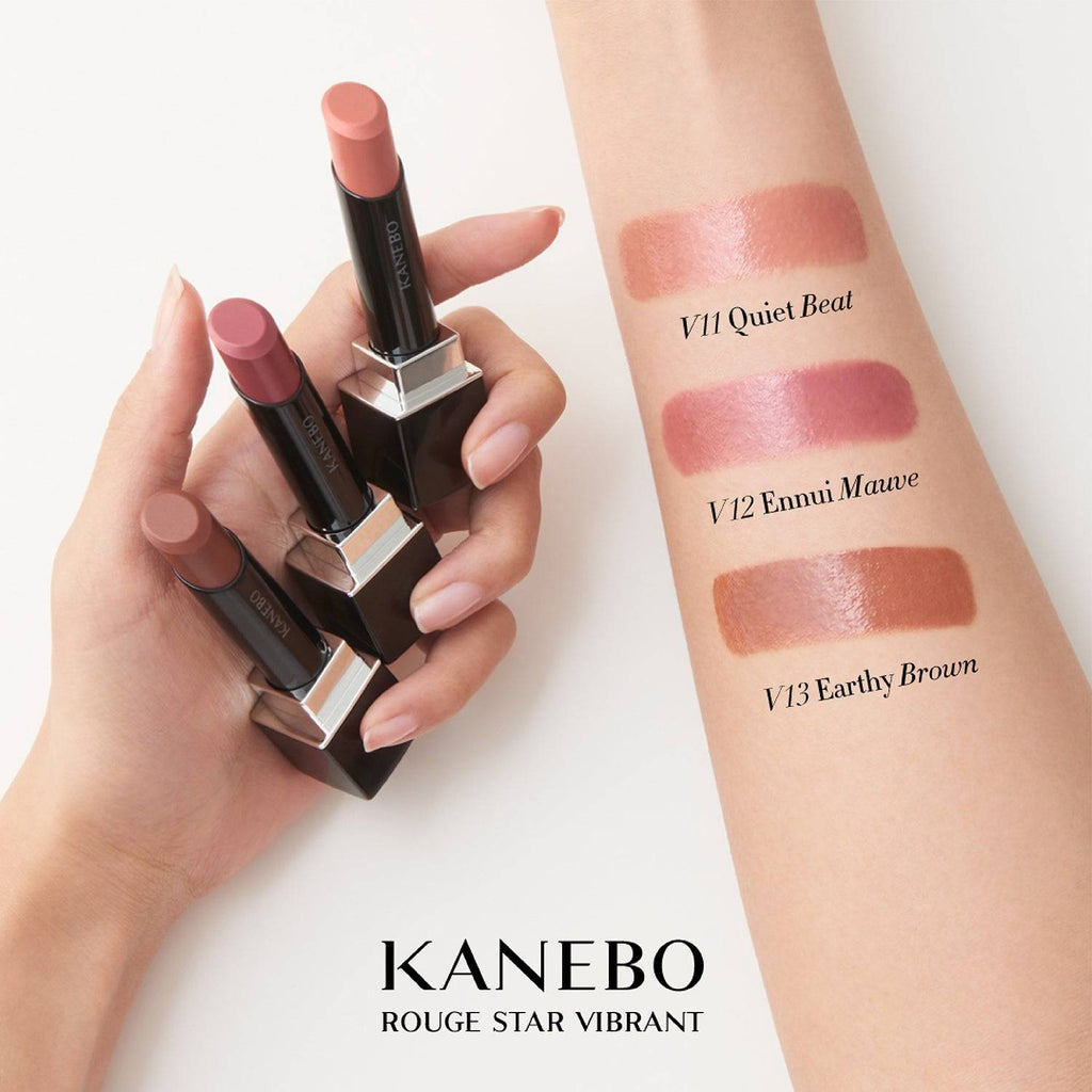 Kanebo Rouge Star Vibrant lipsticks in three shades, with swatches labeled Quiet Beat, Ennui Mauve, and Earthy Brown.