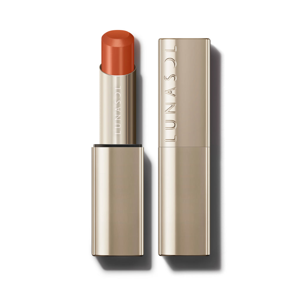 Lunasol Bare Color Balm 3.8g lipstick in a sleek metallic tube, shade 02 Autumn Orange, for a glossy orange finish.