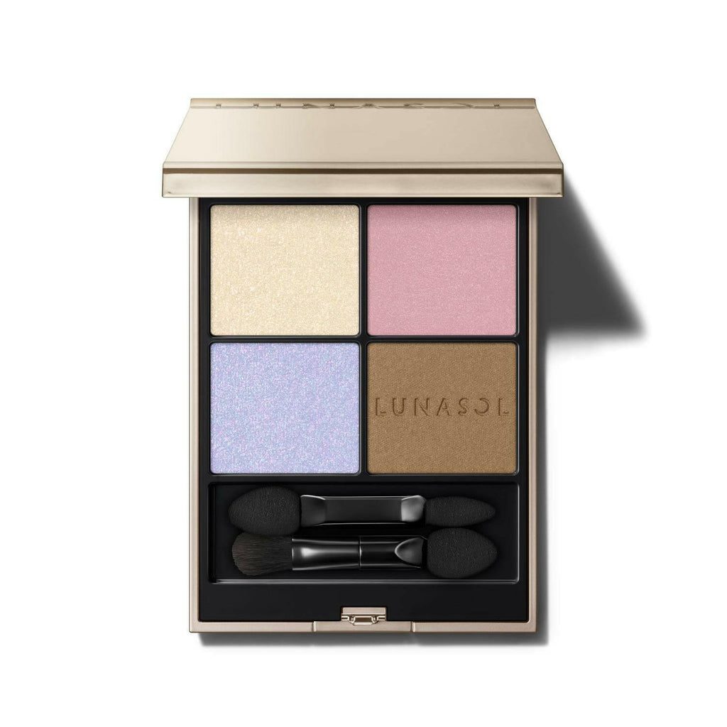 Lunasol Eye Coloration N palette with pastel yellow, pink, and green shades for a fresh look, paired with dual applicators.