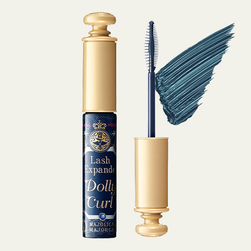 Majolica Majorca Lash Expander mascara tube with brush showcasing lengthened and voluminous lashes for enhanced beauty