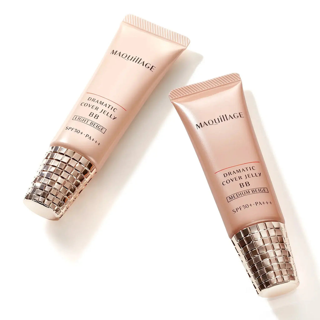 Two Maquillage Dramatic Cover Jelly BB tubes in Light Beige and Medium Beige shades, showcasing elegant packaging and SPF50+ benefits.
